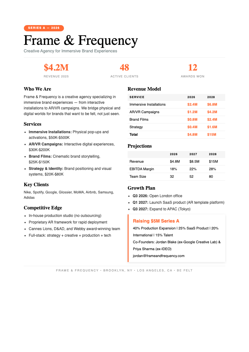 Creative portfolio brief business plan